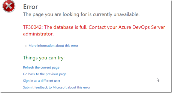 Azure DevOps Server 数据库日志已满，TF30042: The database is full