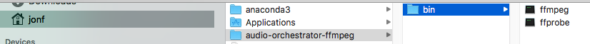 Screenshot of a Finder window showing the ffmpeg and ffprobe executable files