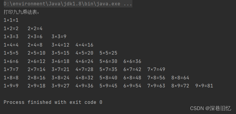 Java基础 - 练习（四）打印九九乘法表