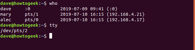 who and tty in a terminal window