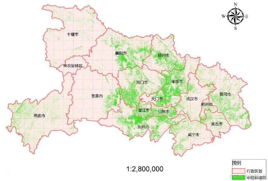 <湖北某年冬小麦分布图>