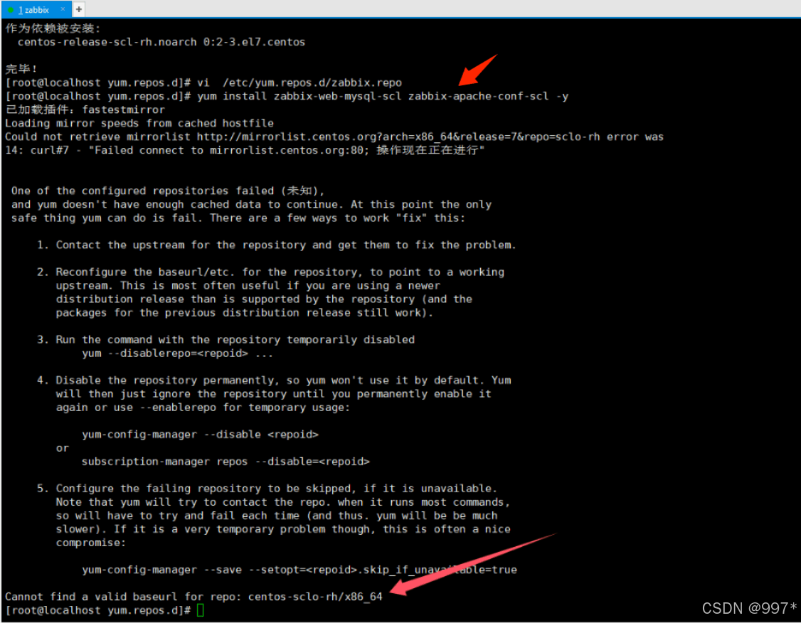 部署zabbix遇到问题: cannot find a valid baseurl for repo：centos-sclo-rh/x86 64 怎么解决 ？