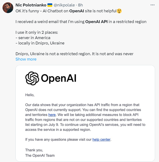 突发！OpenAI停止不支持国家API，7月9日开始执行